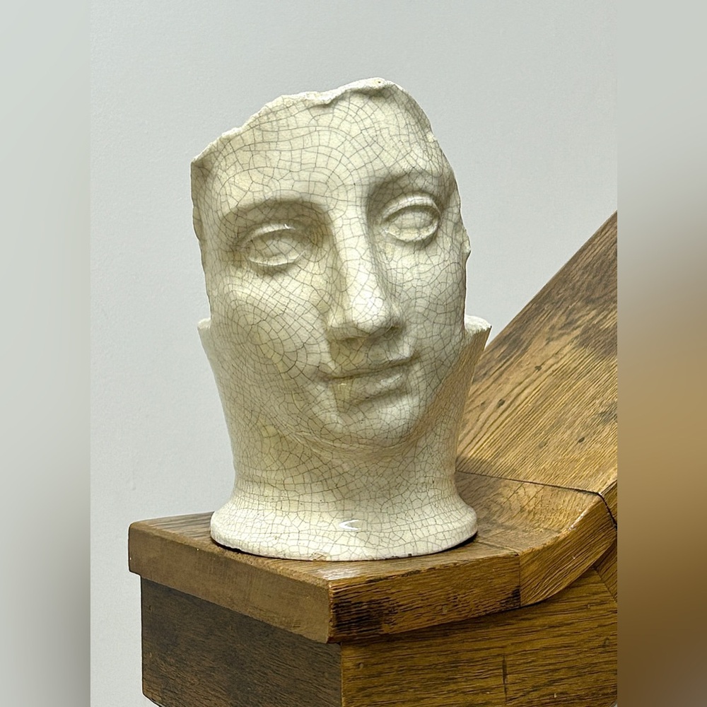 Antique Glazed Pottery Greco Roman Androgynous Face Archaic Smile Planter Vase